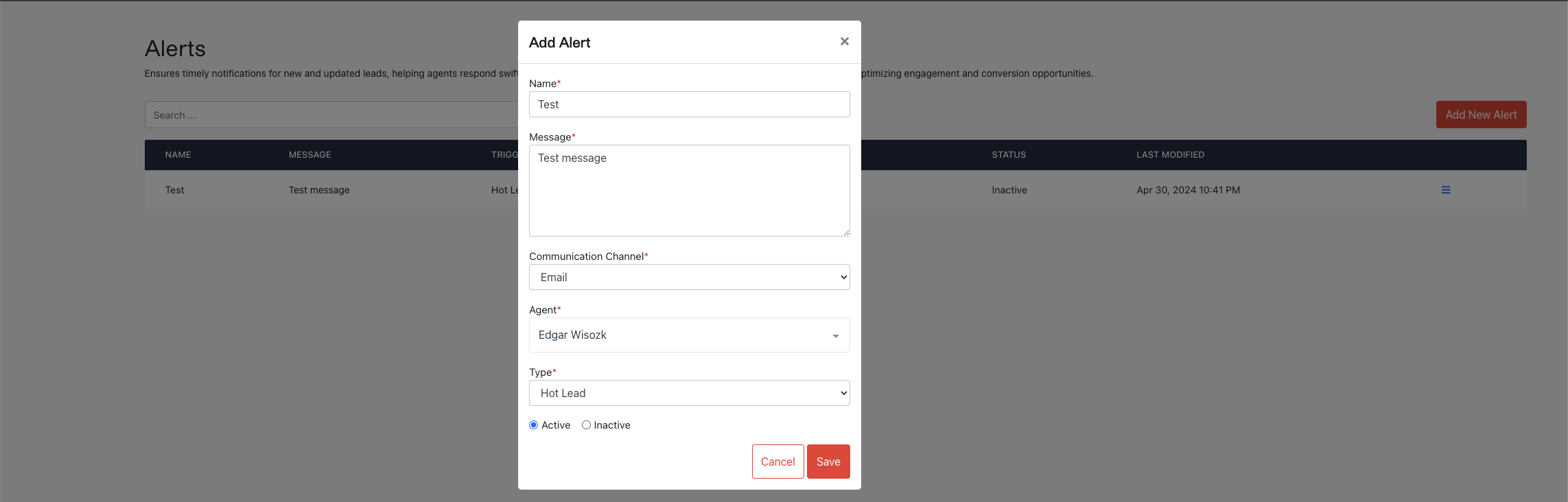 Screenshot of Leads Management System