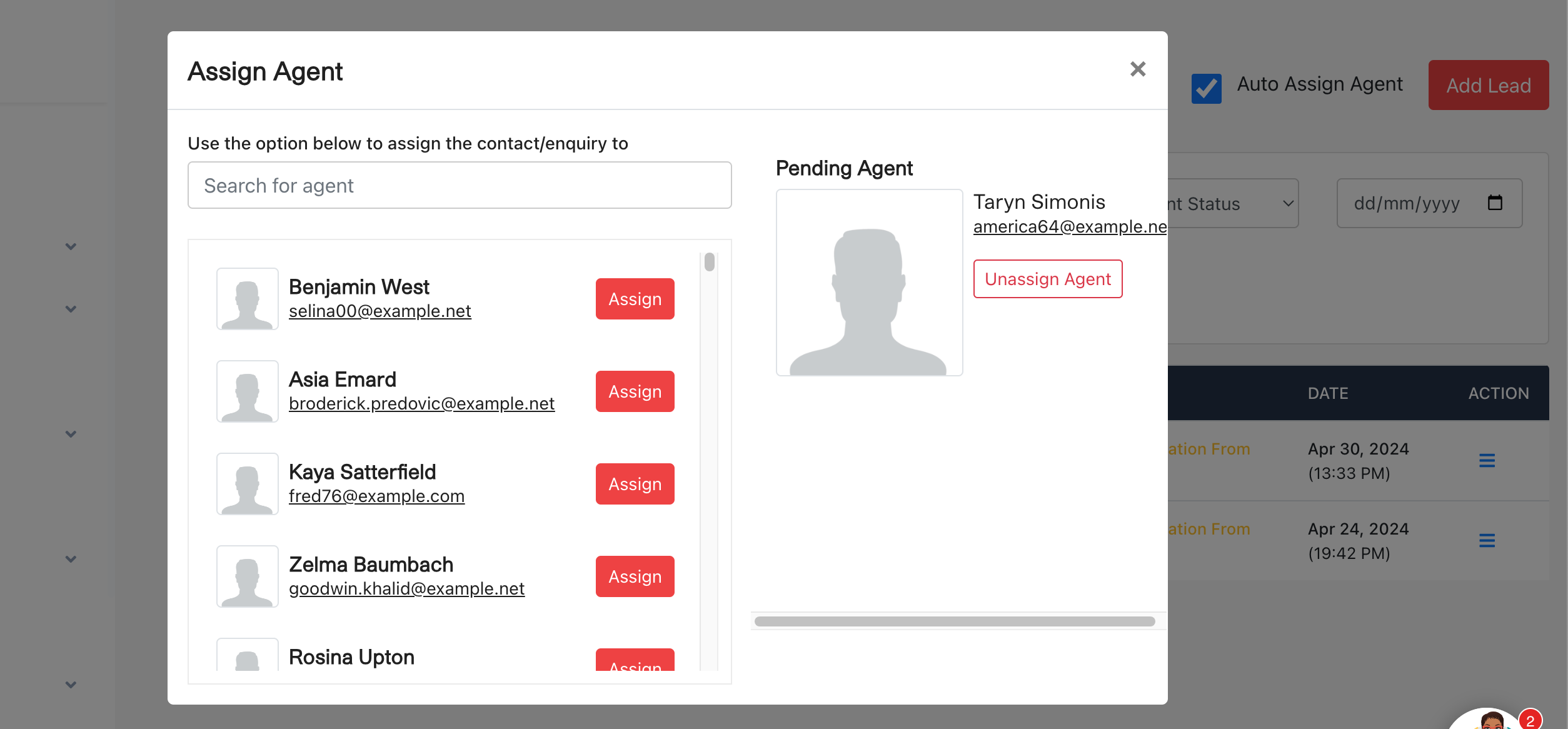 Screenshot of Leads Management System