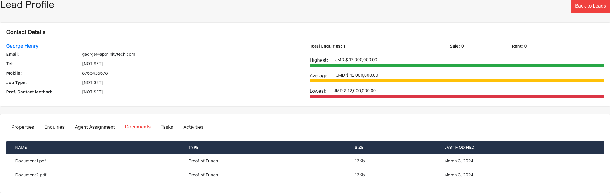 Screenshot of Leads Management System