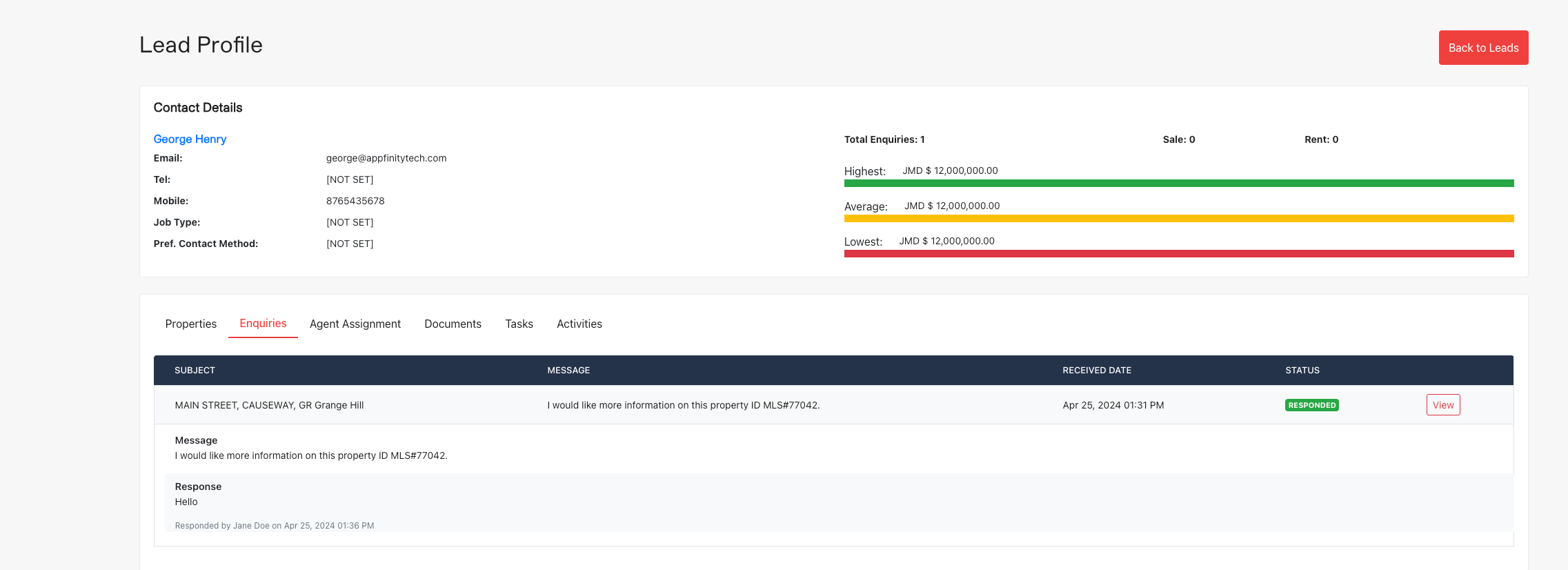 Lead Tracking System Screenshot