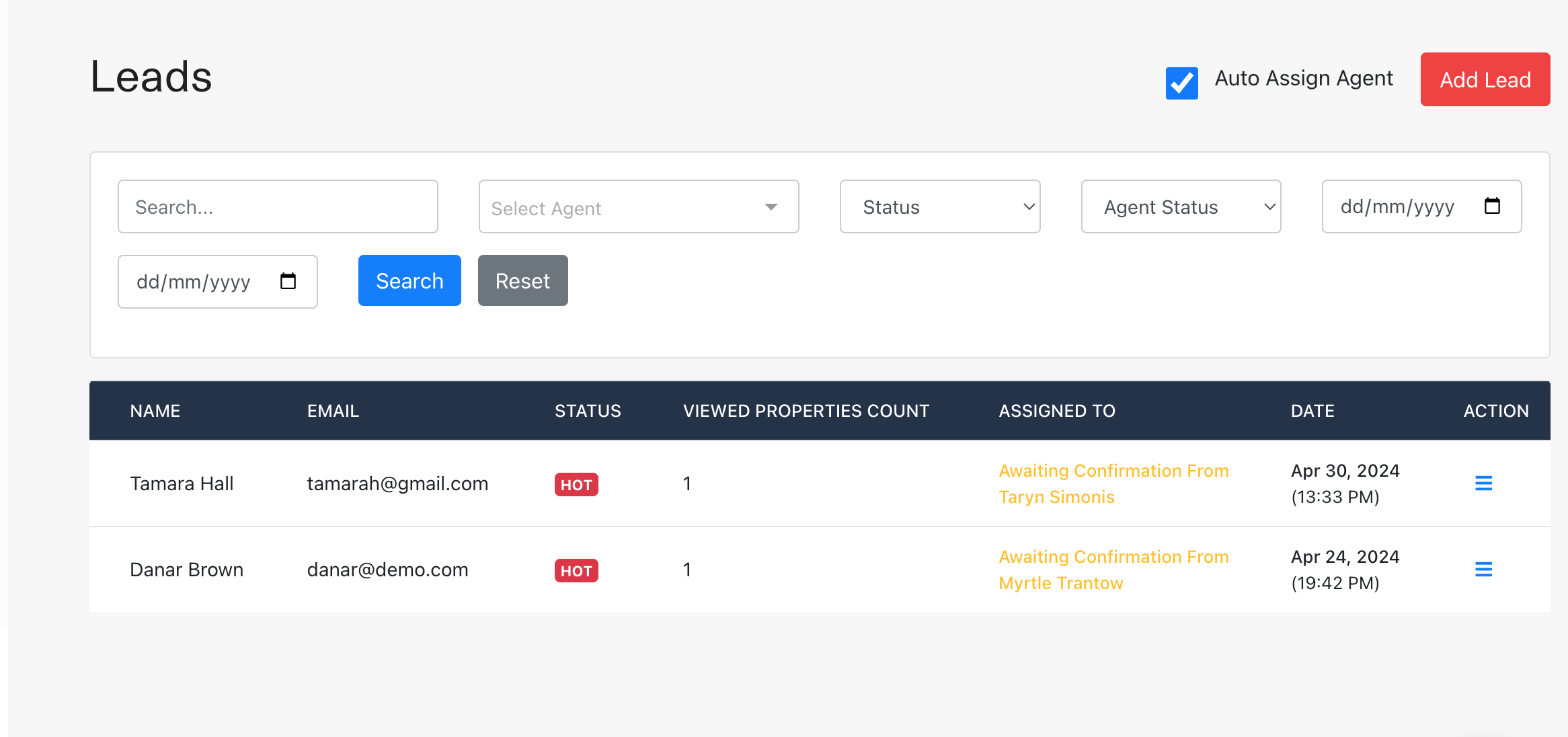 Lead Management Dashboard Screenshot